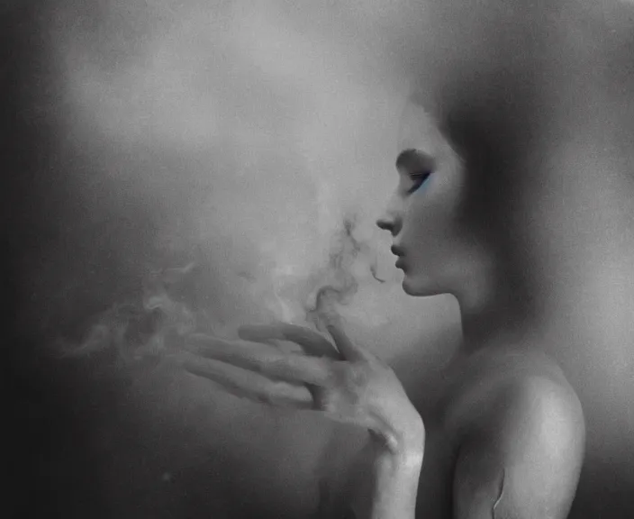 Prompt: mysterious and sensual scene of human transformation // thick detailed smoke, natural soft pale skin, innocence, sophisticated hands // noir, german expressionism, 20 century photography // old 35mm double-exposure photo, award-winning photography, masterpiece, grainy, cinematic, atmospherical, high contrasted // slightly erotic, eerie and atmospheric, sophisticated and unsearchable masterpiece, deep shadows, slightly colorful, strong composition // depth of field, ambient occlusion, motion blur, HD, intricate details, sharp focus, natural textures // color glitched ornament
