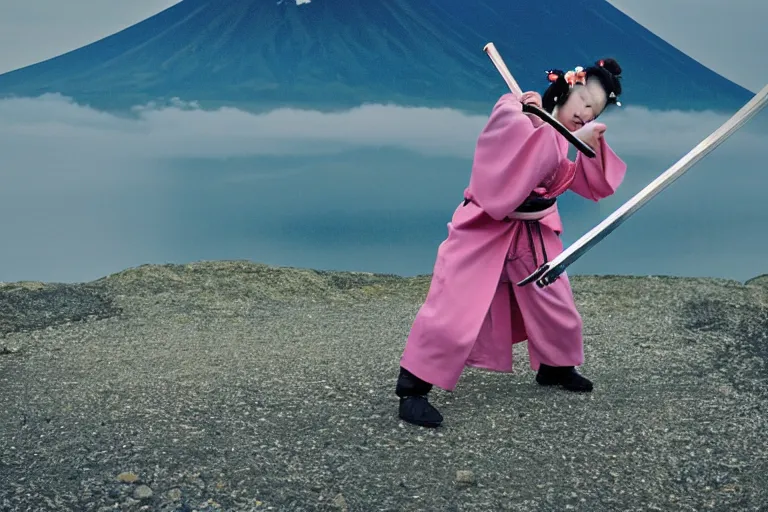 Image similar to beautiful photo of a young modern geisha samurai warrior, mt fuji in the background, mid action swing, shining silver katana sword, award winning photo, muted pastels, action photography, 1 / 1 2 5 shutter speed, dramatic lighting