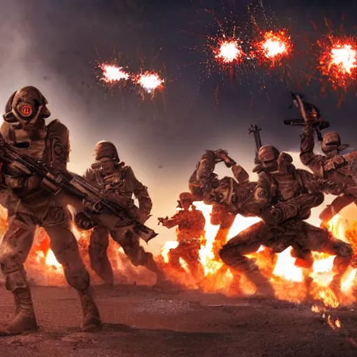 Prompt: science - fiction futuristic apocalyptic war scene with explosions, soldiers shooting