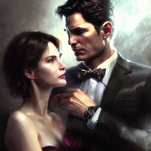 Image similar to daniel gerhartz and artgerm and wlop detailed portrait digital painting of a bruce wayne and selina kyle at a party in a mansion, mansion interior in the background, unreal engine, hyper realism, realistic shading, cinematic composition, blender render, octane render, hdr, detailed textures, photorealistic, 3 5 mm film