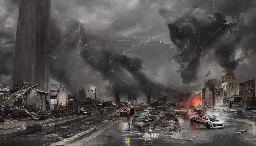 Image similar to tornado destroy washington dc during storm, debris, fire, ashes, smoke columns, dirty ground, damaged and destroyed buildings, hyperdetailed, artstation, cgsociety, 8 k