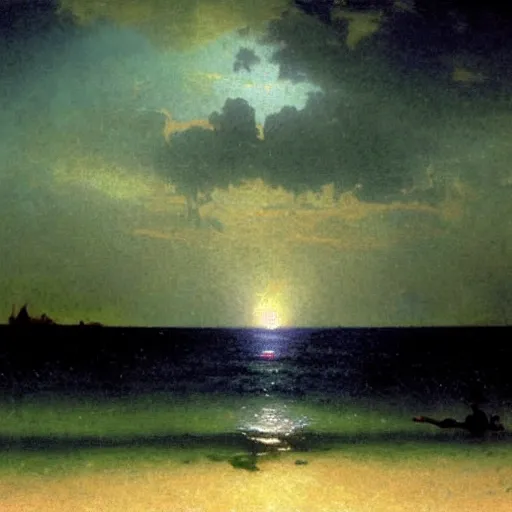 Image similar to Sea Of Stars of Vaadhoo Island Maldives, Bioluminescent sea plankton that shines multiversal during the night, makes the sea area glowing water, ethereal and dreamy, art by William-Adolphe Bouguereau