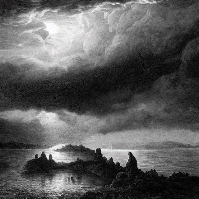 Image similar to an engraving of jesus in a river by gustave dore, caspar david friedrich, foggy, depth, strong shadows, stormclouds, illuminated focal point, highly detailed