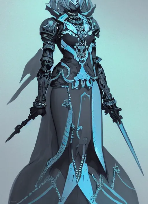 Prompt: beautiful drow queen in heavy iron helmet and ornate pale blue dress, gray hair. in style of yoji shinkawa and hyung - tae kim, trending on artstation, dark fantasy, great composition, concept art, highly detailed, dynamic pose, vibrant colours.