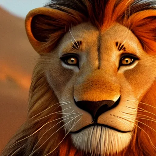 Image similar to close up of the lion king, cinematographic shot, cartoon