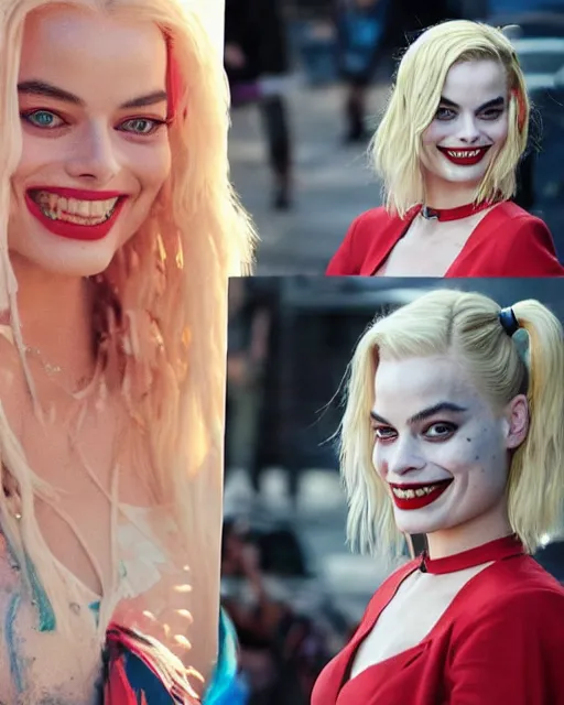 Image similar to 3 5 mm photo of elegant suicide squad margot robbie that looks like harley quinn, long blonde hair and big eyes, beautiful smile, finely detailed perfect face, standing on the wet street at sunset, ambient golden hour sunset lighting,