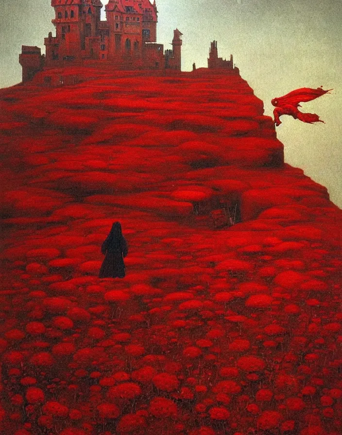 Image similar to only with red, red flowers, a red tiger, a castle in the background, medieval demons, an ancient path, in the style of beksinski, part by hopper, part by rodcenko, part by hofbauer, intricate composition, red by caravaggio, insanely quality, highly detailed, masterpiece, red light, artstation