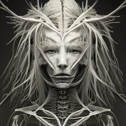 Image similar to ! dream hyperrealistic photography of a highly detailed and symmetrical gorgeous cyborg female, rib cage, in the style of beth cavener, jin kagetsu, james jean and wlop, highly detailed, face symmetry, masterpiece, award - winning, sharp focus, intricate concept art, ambient lighting, 8 k, artstation