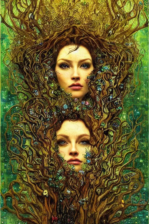 Image similar to Nature by Karol Bak, Jean Deville, Gustav Klimt, and Vincent Van Gogh, beautiful organic portrait, visionary, hair made of trees, verdant, life, botanicals, otherworldly, fractal structures, ornate gilded medieval icon, third eye, spirals