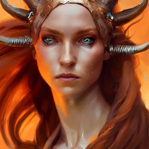 Prompt: A head-on detailed oil fantasy portrait of a pretty elf woman with copper horns, long blonde hair and bright copper irises, by greg rutkowski, trending on artstation, dungeon and dragons art