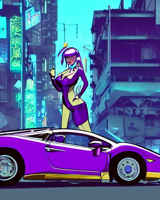 Image similar to cel shaded art of a pretty blue haired girl standing next to a purple lamborghinil, jet grind radio graphics, cyberpunk city street background