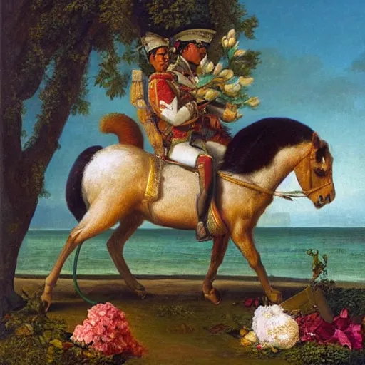 Image similar to a giant squirrel!!!! carrying napoleon bonaparte on its back, beach scene with flowers and foliage, detailed oil painting