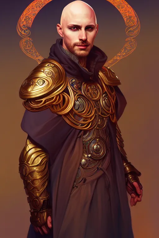 Prompt: bald male aasimar warlock portrait, highly detailed, digital painting, artstation, sharp focus, illustration, art by tan zi and ayanamikodon and alphonse mucha and wlop