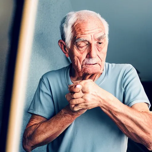 Image similar to old man looking at himself in the mirror