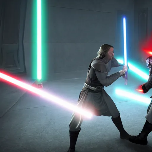 Image similar to A sith fighting a Jedi in the Jedi temple. Epic, cinematic lighting, dreary, other worldly.
