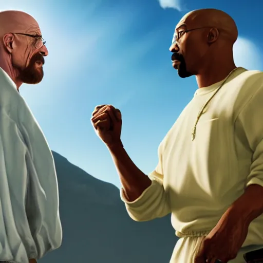 Image similar to Walter White holding Tupac by the throat, realistic, 8k resolution, hyperdetailed, highly detailed, real life, studio lighting, high quality, action shot,