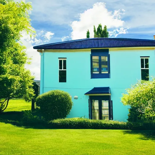 Image similar to house futurist, green yard, deep, blue sky with few white cloud, focus on the house