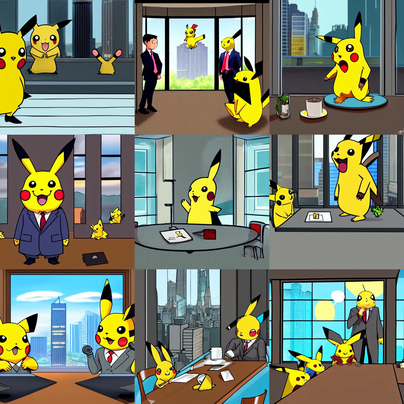 Prompt: pikachu dressed in business suit doing a presentation for squirrels sitting at a business table, city view through the window in the background, highly detailed illustration, trending on artstation