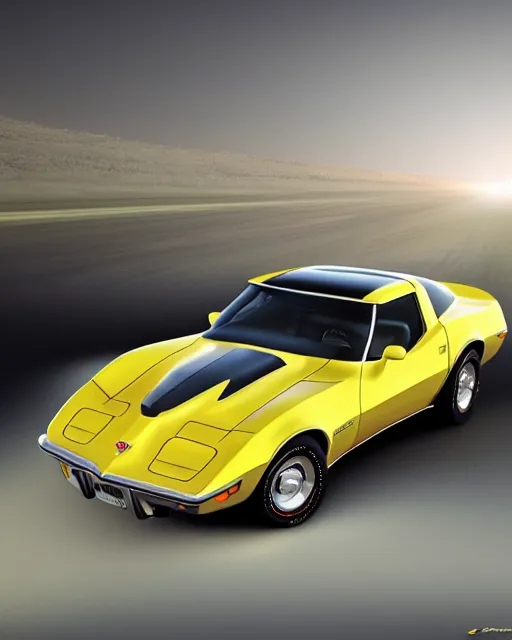 Image similar to photorealistic art of a yellow 1979 stingray corvette, dynamic lighting, space atmosphere, hyperrealism, stunning visuals