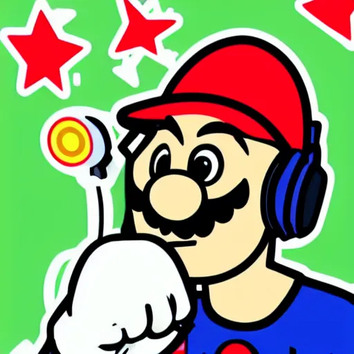 Image similar to svg sticker of a Pop-Wonder SuperMario, Mario-Wearing-a-red-hat, at a rave, spinning records, giant headphones rocking out, wearing headphones, huge speakers, dancing, rave, DJ, spinning records, digital art, amazing composition, rule-of-thirds, award-winning, trending on artstation, featured on deviantart