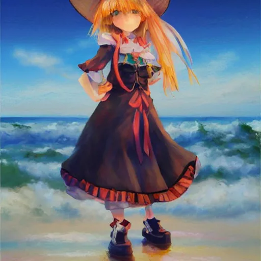 Prompt: Beautiful portrait of Kirisame Marisa from the Touhou project at the beach at sunset, touhou project official artwork, danbooru, oil painting by Antoine Blanchard, sold at an auction, oil on canvas , wide strokes, pastel colors, soft lighting