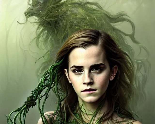 Image similar to mindblowing portrait of emma watson as a swamp witch, green colored skin!!, holding caduceus, messy hair, deep focus, d & d, fantasy, intricate, elegant, highly detailed, digital painting, artstation, concept art, matte, sharp, illustration, hearthstone, art by artgerm and greg rutkowski and alphonse mucha