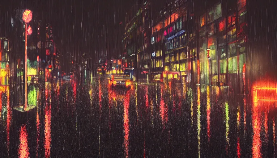 Image similar to rotterdam at rainy night, neons, lights, wet ground, people with umbrellas, hyperdetailed, artstation, cgsociety, 8 k