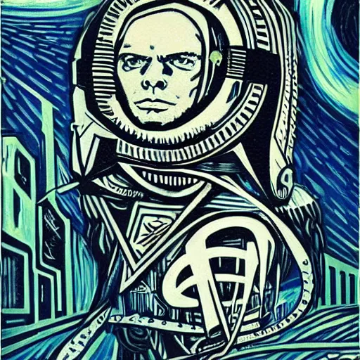 Image similar to Illustrated by Shepard Fairey and H.R. Giger | ((Cyberpunk Van Gogh with VR helmet, surrounded by cables))