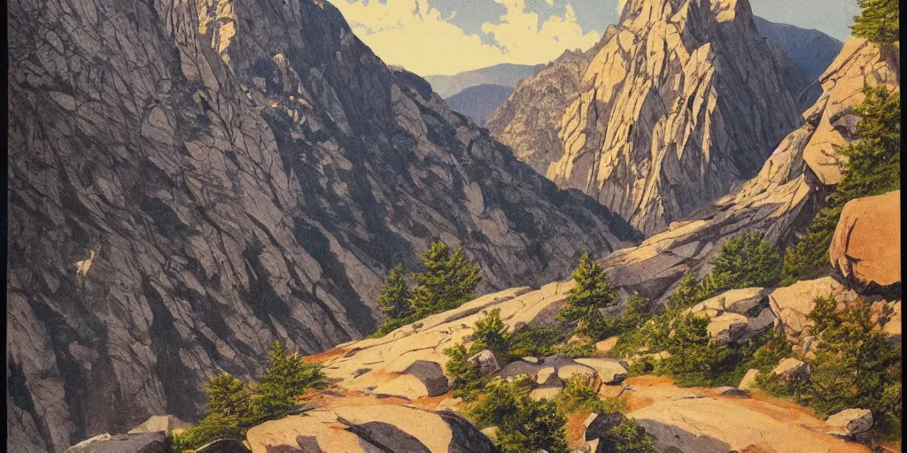 Image similar to beautiful!!!!!!!!!!!! idyllic poster illustration for a craggy ice valley canyon national park by ludwig hohlwein, ludwig hohlwein!!!!!!!!!!