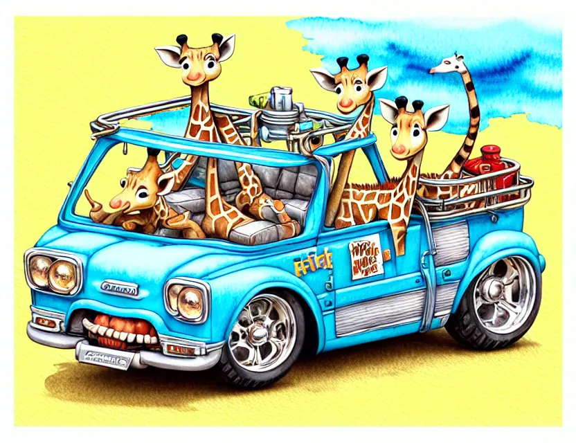 Image similar to cute and funny, giraffe riding in a tiny hot rod with oversized engine, ratfink style by ed roth, centered award winning watercolor pen illustration, isometric illustration by chihiro iwasaki, edited by range murata, tiny details by artgerm and watercolor girl, symmetrically isometrically centered