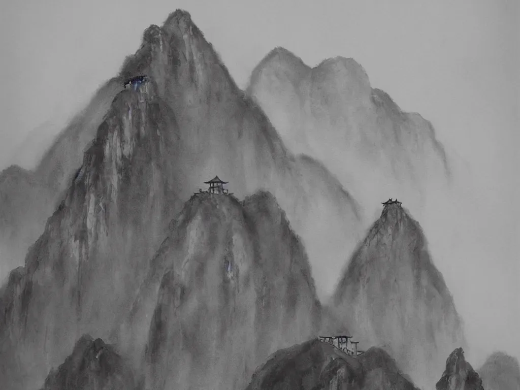 Prompt: a beautiful black watercolor painting of the mountainous landscape of huangshan with a buddisht temple on the hilltop on a rainy day, with monks walking up staircases.