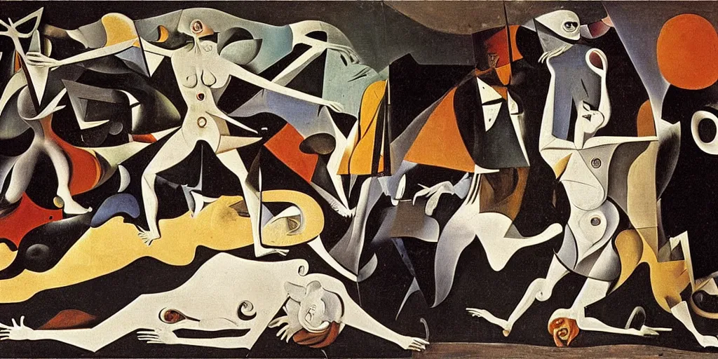 Prompt: An asymmetry still frame of Guernica by Salvador Dali, by Hieronymus Bosch, by Michaelangelo