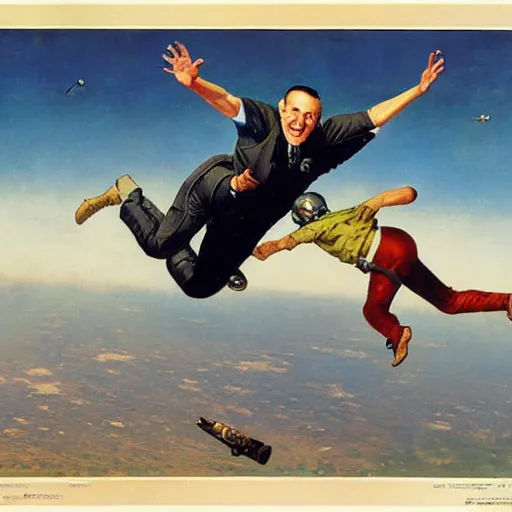 Image similar to benjamin netanyahu skydiving, plane in background, by norman rockwell and michael cheval