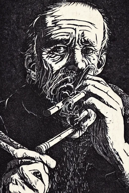 Prompt: a beautiful woodcut print of an old man smoking a pipe, 8 k, frostbite 3 engine, cryengine, dof, trending on artstation, digital art, crepuscular ray, art by roy l davies and tugboat printshop