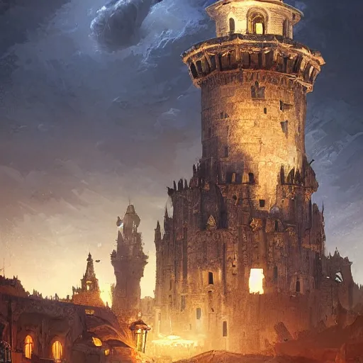 Prompt: torre del oro, atmospheric lighting, intricate, volumetric lighting, beautiful, sharp focus, ultra detailed, in the art style of marc simonetti, bowater charlie and brom gerald, astrophotography