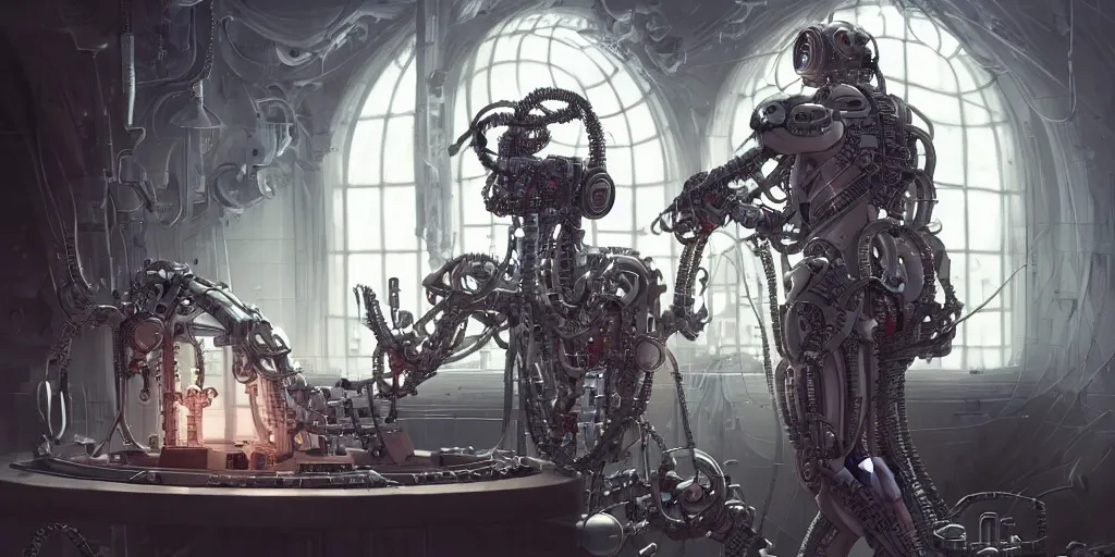 Image similar to hyperrealistic photography of a cyborg priest constructing a religious machine in the style of Jin Kagetsu, James Jean and wlop, highly detailed, masterpiece, award-winning, sharp focus, intricate concept art, ambient lighting, 8k, artstation