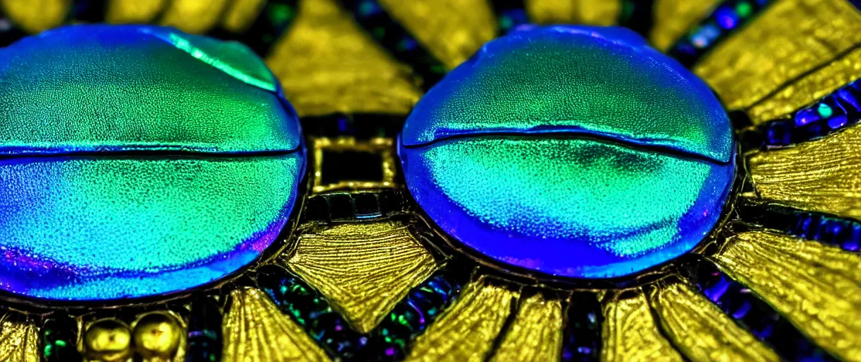 Prompt: high quality close-up photo scarab jeweled iridescent highly detailed moody blue lighting low angle hd 8k sharp shallow depth of field