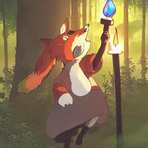 Image similar to a fox humanoid anime character carrying a candle in his hands, the forest, by studio ghibli