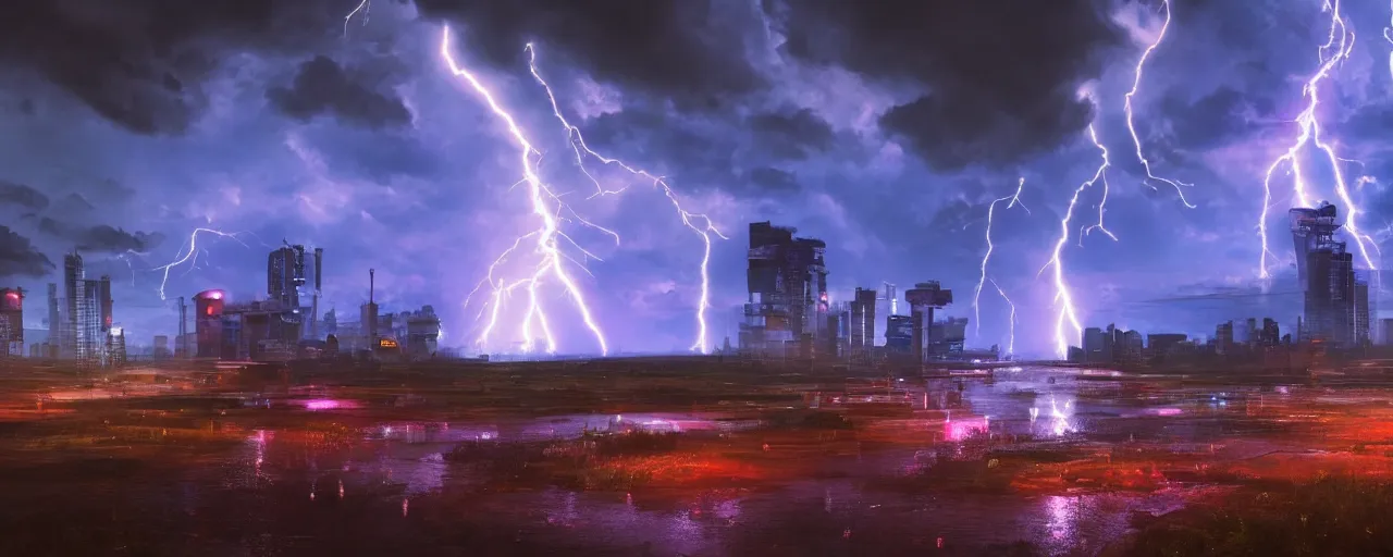 Image similar to cyberpunk landscape, vivid, volumetric lighting, lightning, thunder, storm, portal, puddles, mystical