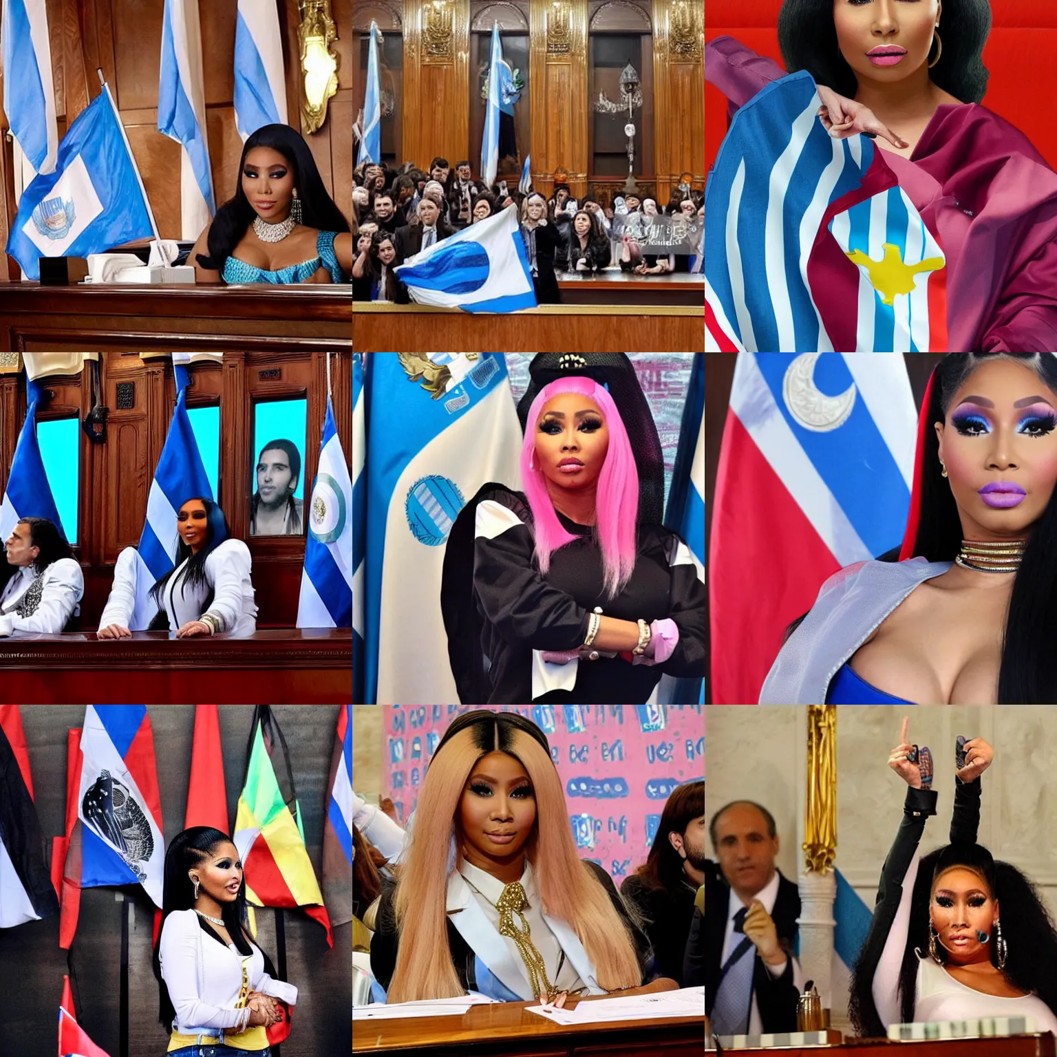 Image similar to Nicki Minaj Peronista, in the Argentine Congress, flags of Argentina behind, detailed picture