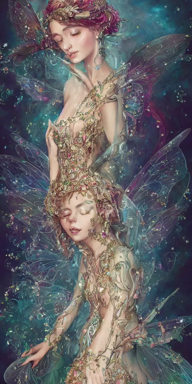 Image similar to full body portrait of a beautiful fairy queen with ornate bejewelled long dress by Anna Dittmann and Rossddraws, digital art, trending on artstation, anime arts, featured on Pixiv, HD,8K, highly detailed, good lighting, beautiful, fairy, epic, masterpiece.