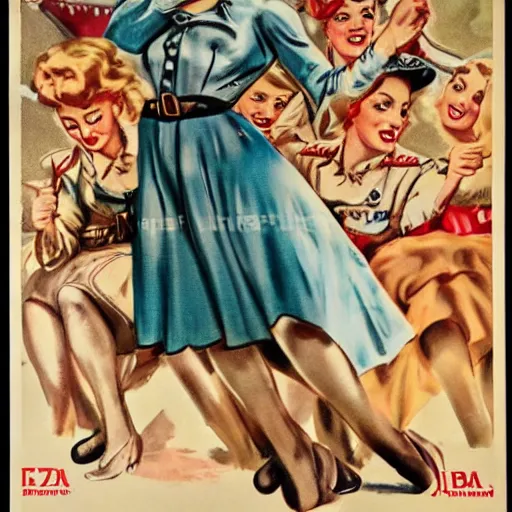 Image similar to highly detailed german ww 2 propaganda pinup!! nazi poster of blonde blue eyed women in dirndl, dynamic pose