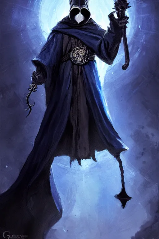 Image similar to a plague doctor with a blue wizard robe as a d & d character, blue robe, magical, black fur armor, harry poter, concept sheet, painting by gaston bussiere, demon slayer, gta loading screen art, dramatic lighting, anime