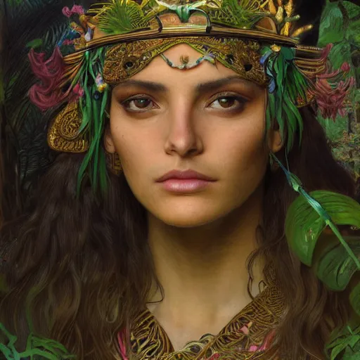 Image similar to face portrait of a beautiful alluring female aztec queen in a dense jungle at sunset, detailed, centered, digital painting, artstation, concept art, donato giancola, Dante Gabriel Rossetti, alphonse mucha, Joseph Farquharson, Joseph Christian Leyendecker, WLOP, Boris Vallejo, Breathtaking, 8k resolution, extremely detailed, beautiful, establishing shot, artistic, hyperrealistic, beautiful face, octane render