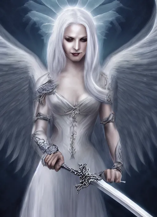 Image similar to a woman with white hair and wings holding a sword, a digital rendering by Anne Stokes, deviantart, fantasy art, deviantart hd, deviantart, angelic photograph