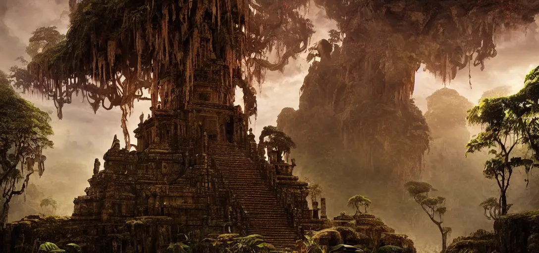 Prompt: ancient temple of doom in the exotic jungle , Dynamic lighting, cinematic, establishing shot, extremely high detail, photo realistic, cinematic lighting, , post processed denoised, concept design, concept art, artstation, matte painting, midjourney, style by alex ross, raphael lacoste, eddie mendoza