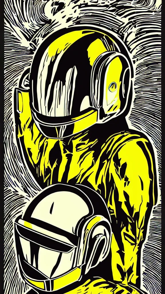 Prompt: Daft Punk logo by mcbess, full colour print, Techno concert advert