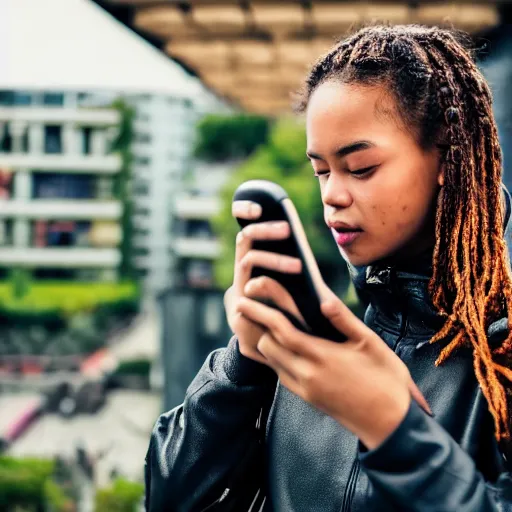 Image similar to candid photographic portrait of a poor techwear mixed young woman using a phone inside a dystopian city, closeup, beautiful garden terraces in the background, sigma 85mm f/1.4, 4k, depth of field, high resolution, 4k, 8k, hd, full color