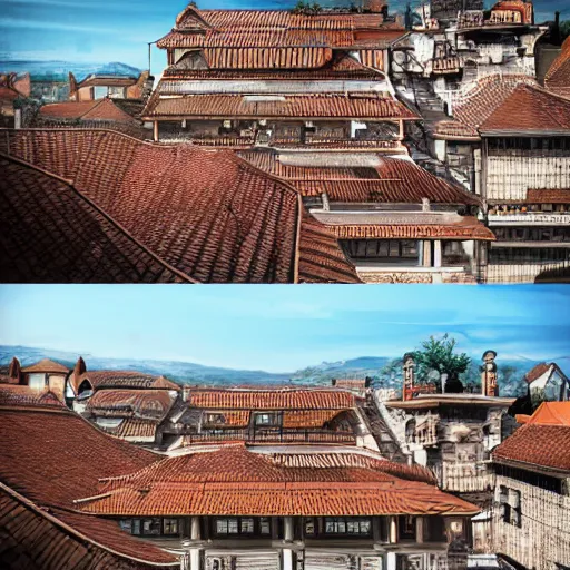 Image similar to very panoramic view of a traditional city with tiled roofs surrounded by a wooden wall, texture, intricate, details, highly detailed, masterpiece, architecture, building, trending on artstation, focus, sharp focus, concept art, digital painting, fantasy, sunny, day, midday, trending on artstation