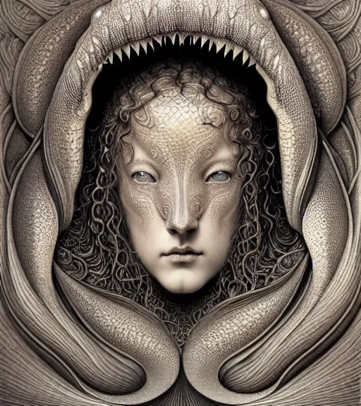 Image similar to detailed realistic beautiful shark goddess face portrait by jean delville, gustave dore, iris van herpen and marco mazzoni, art forms of nature by ernst haeckel, art nouveau, symbolist, visionary, gothic, neo - gothic, pre - raphaelite, fractal lace, intricate alien botanicals, ai biodiversity, surreality, hyperdetailed ultrasharp octane render